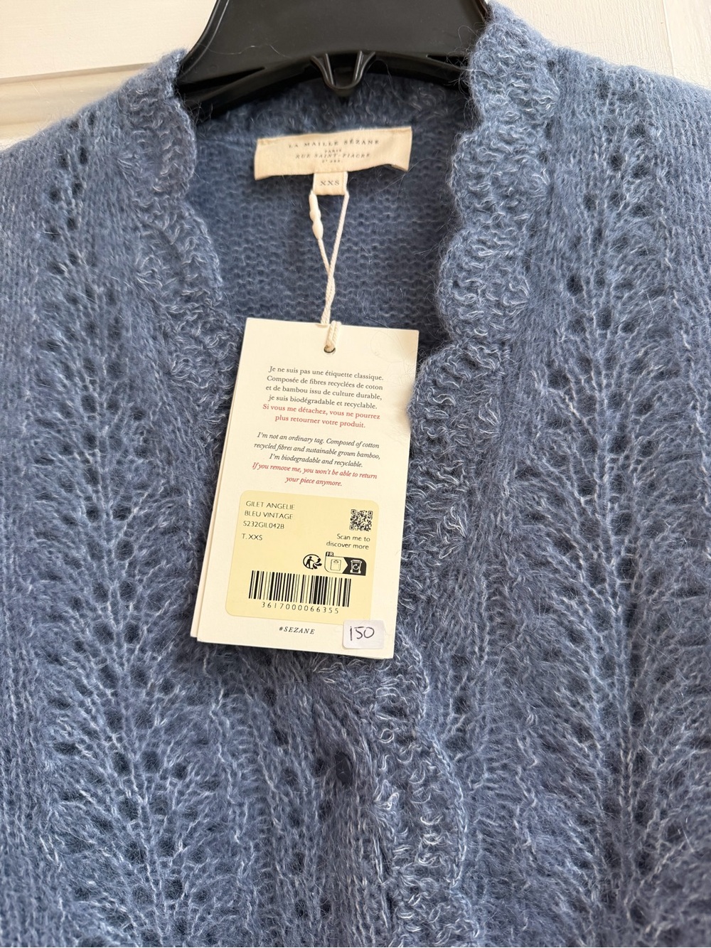 Sezane Dusty Blue Scallop-Edge V-Neck Knit Cardigan - Picture 2 of 3